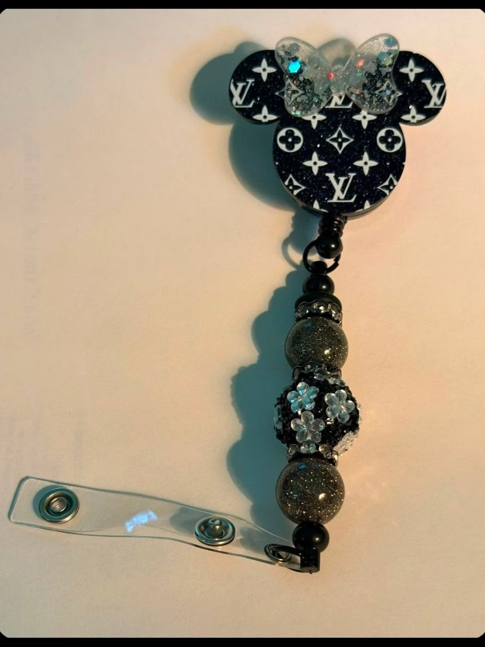 Black Glitter Monogram Minnie Badge Reel with Beaded Accent